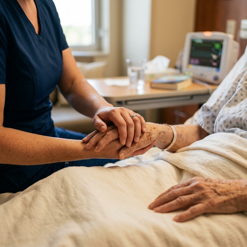 Healthcare provider holding patient's hand